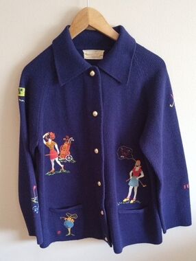 Vtg 60s Andreno Argenti Golf Cardigan Size XL With Pockets Navy Blue
